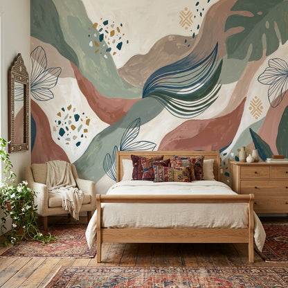 Abstract Botanical Wallpaper Organic Waves Painterly Brushstrokes Wall Mural