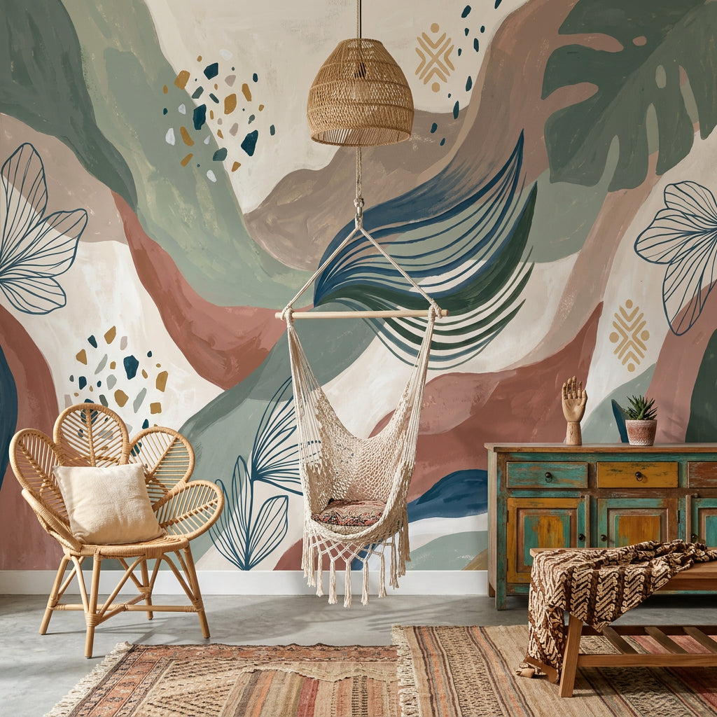 Abstract Botanical Wallpaper Organic Waves Painterly Brushstrokes Wall Mural
