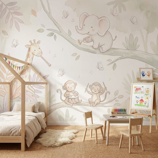Nursery Wallpaper Jungle Animals Musical Instruments Removable Wall Decor