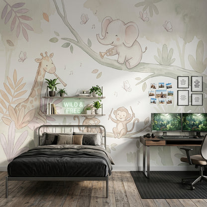 Nursery Wallpaper Jungle Animals Musical Instruments Removable Wall Decor