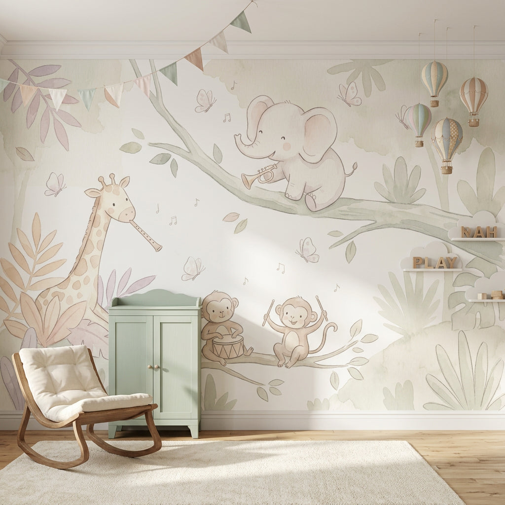 Nursery Wallpaper Jungle Animals Musical Instruments Removable Wall Decor