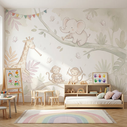 Nursery Wallpaper Jungle Animals Musical Instruments Removable Wall Decor