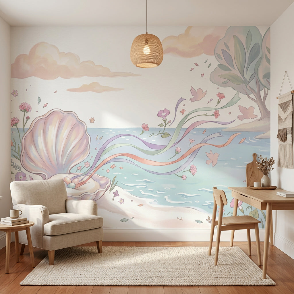 Pastel Seaside Wallpaper Open Seashell Whimsical Illustration Removable Wall Decor