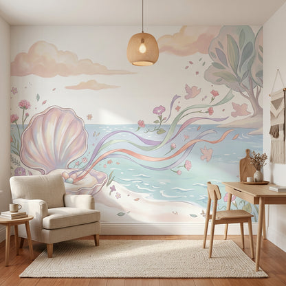 Pastel Seaside Wallpaper Open Seashell Whimsical Illustration Removable Wall Decor