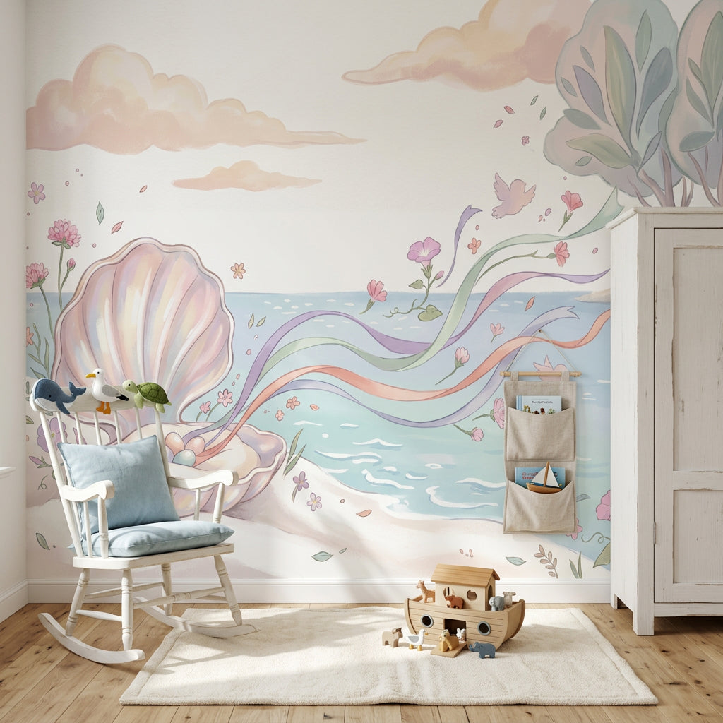 Pastel Seaside Wallpaper Open Seashell Whimsical Illustration Removable Wall Decor