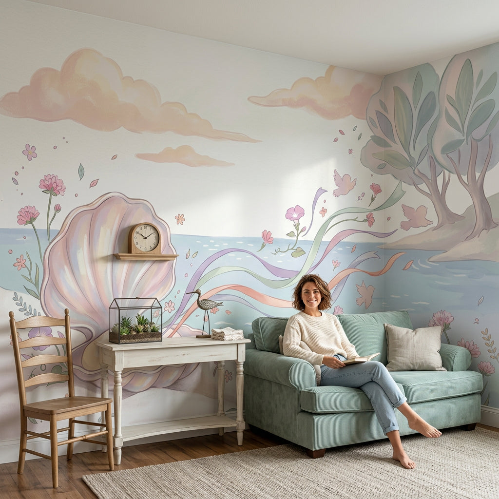 Pastel Seaside Wallpaper Open Seashell Whimsical Illustration Removable Wall Decor