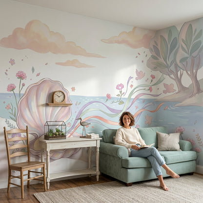 Pastel Seaside Wallpaper Open Seashell Whimsical Illustration Removable Wall Decor