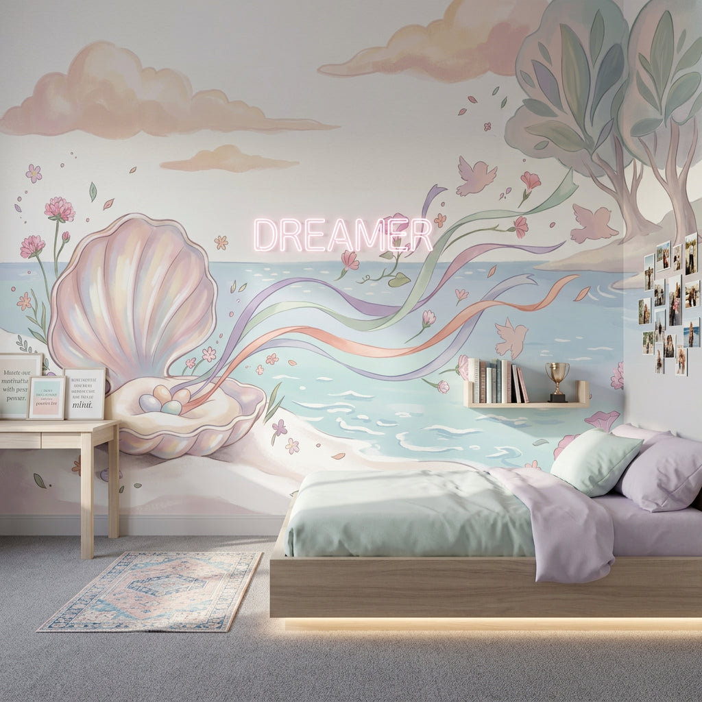 Pastel Seaside Wallpaper Open Seashell Whimsical Illustration Removable Wall Decor