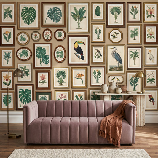 Vintage Botanical Prints Wallpaper Tropical Leaves Gallery Wall Removable Wall Decor