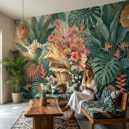 Tropical Botanical Wallpaper Jungle Leaves Orchids Wall Mural