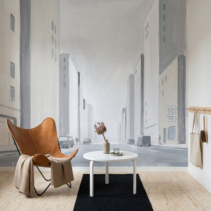 Minimalist Cityscape Wallpaper Winter Street Scandinavian Wall Mural