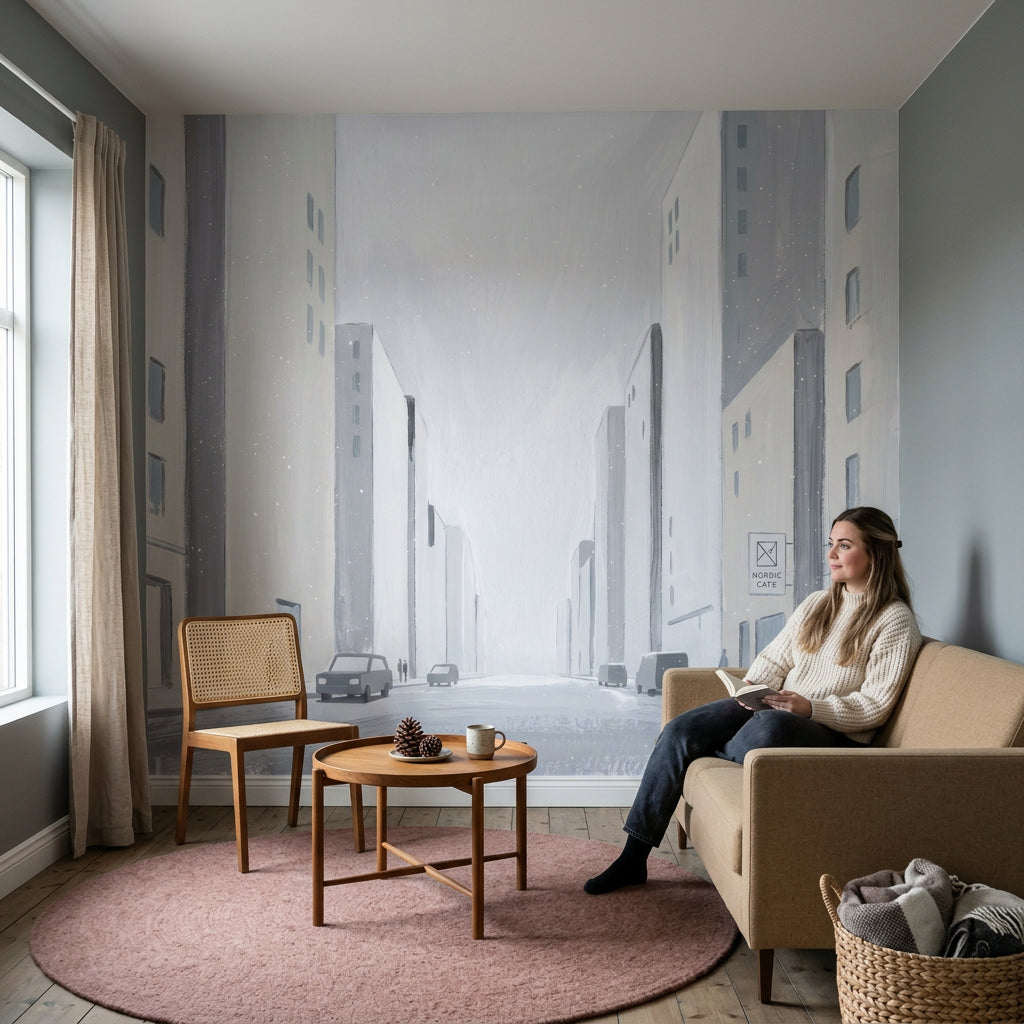 Minimalist Cityscape Wallpaper Winter Street Scandinavian Wall Mural