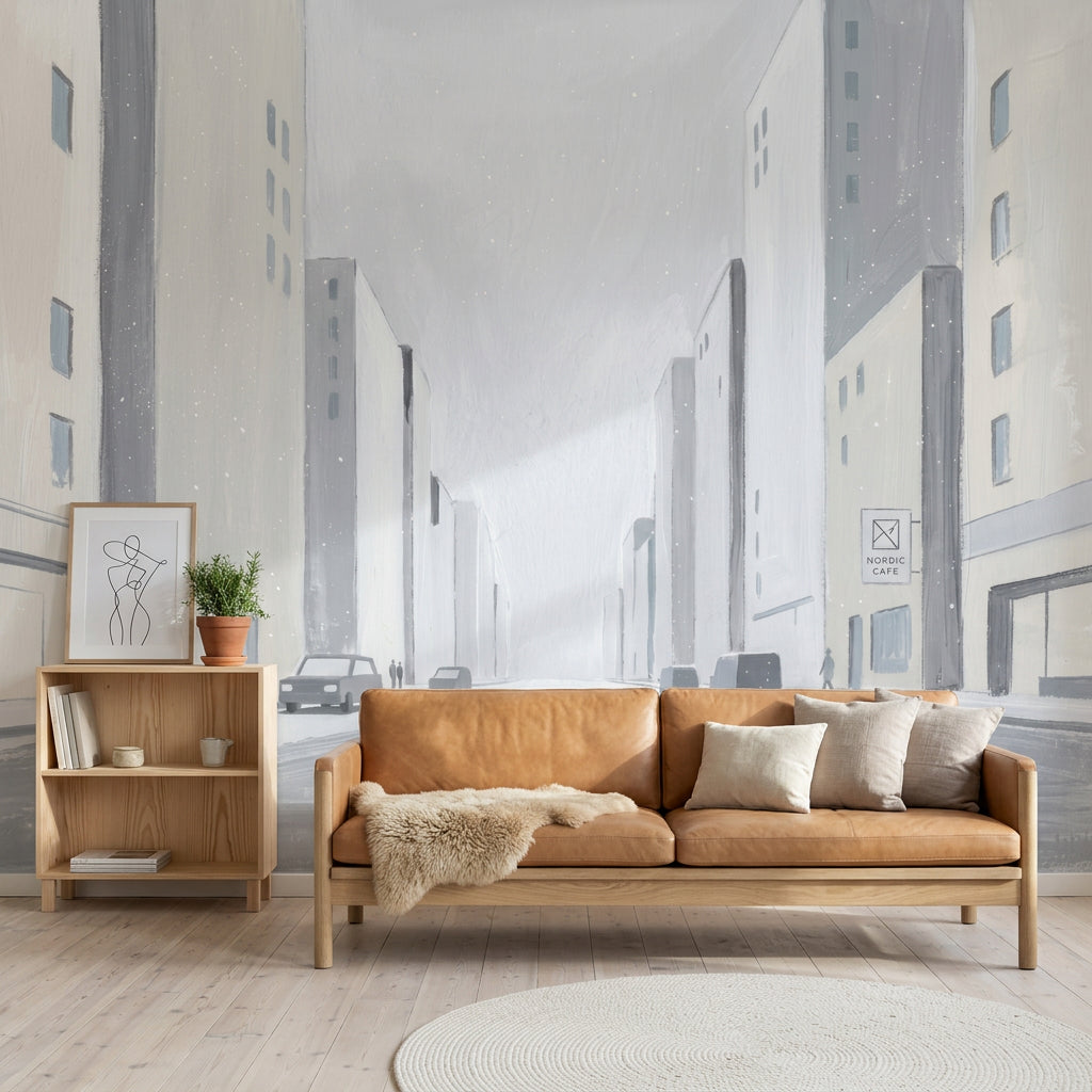 Minimalist Cityscape Wallpaper Winter Street Scandinavian Wall Mural