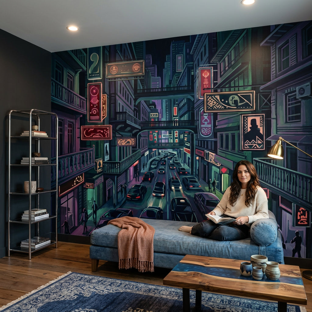 Night City Wallpaper Neon Signs Removable Urban Street Wall Decor