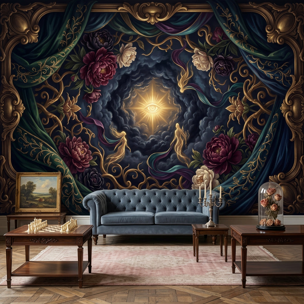 Mystical Eye Wallpaper Baroque Frame Floral Peonies Removable Wall Decor