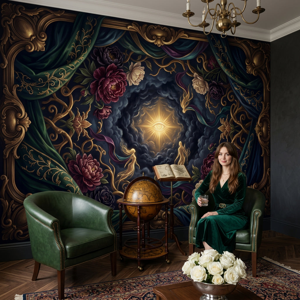 Mystical Eye Wallpaper Baroque Frame Floral Peonies Removable Wall Decor