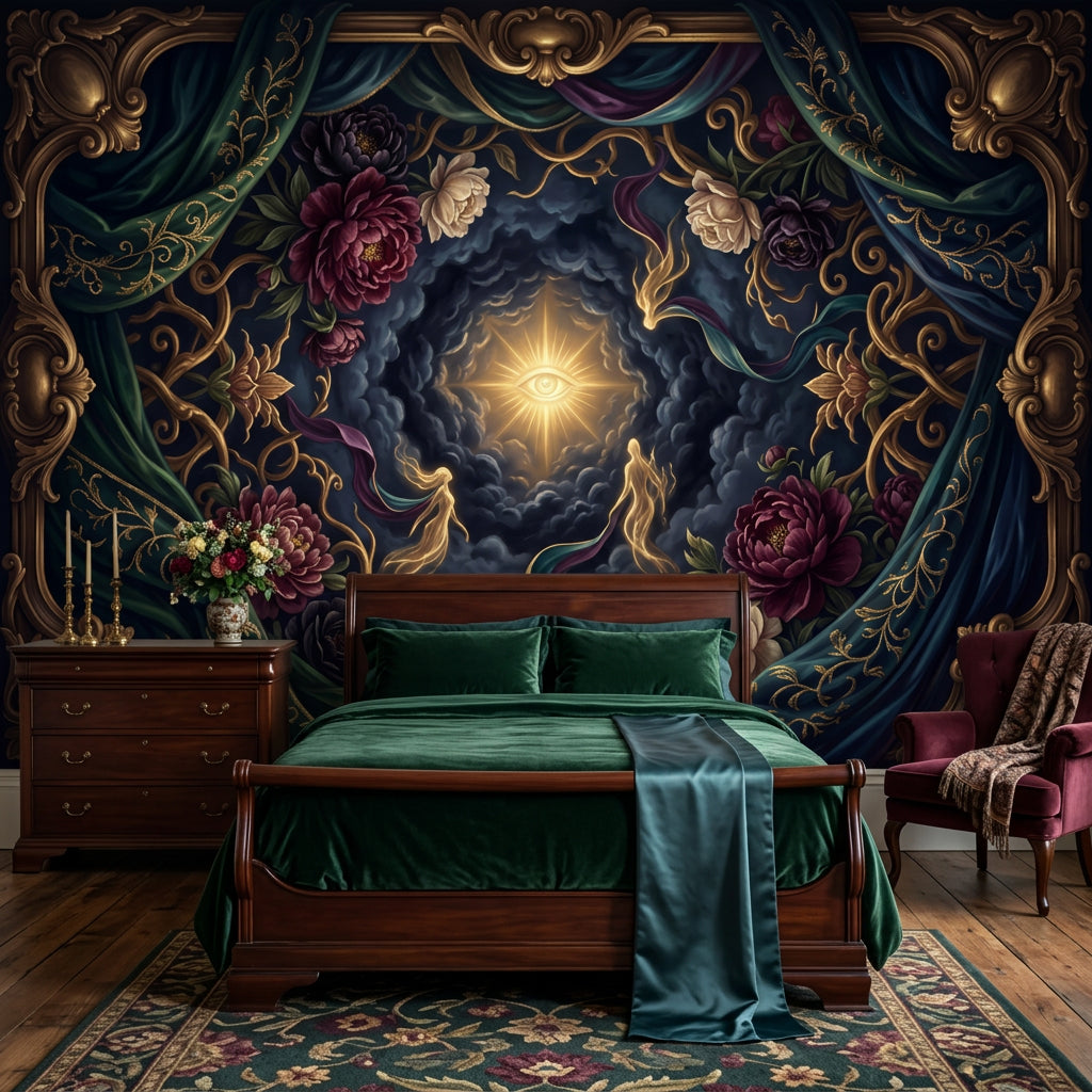 Mystical Eye Wallpaper Baroque Frame Floral Peonies Removable Wall Decor