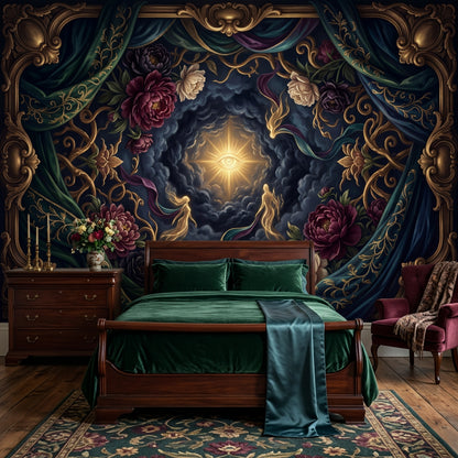 Mystical Eye Wallpaper Baroque Frame Floral Peonies Removable Wall Decor