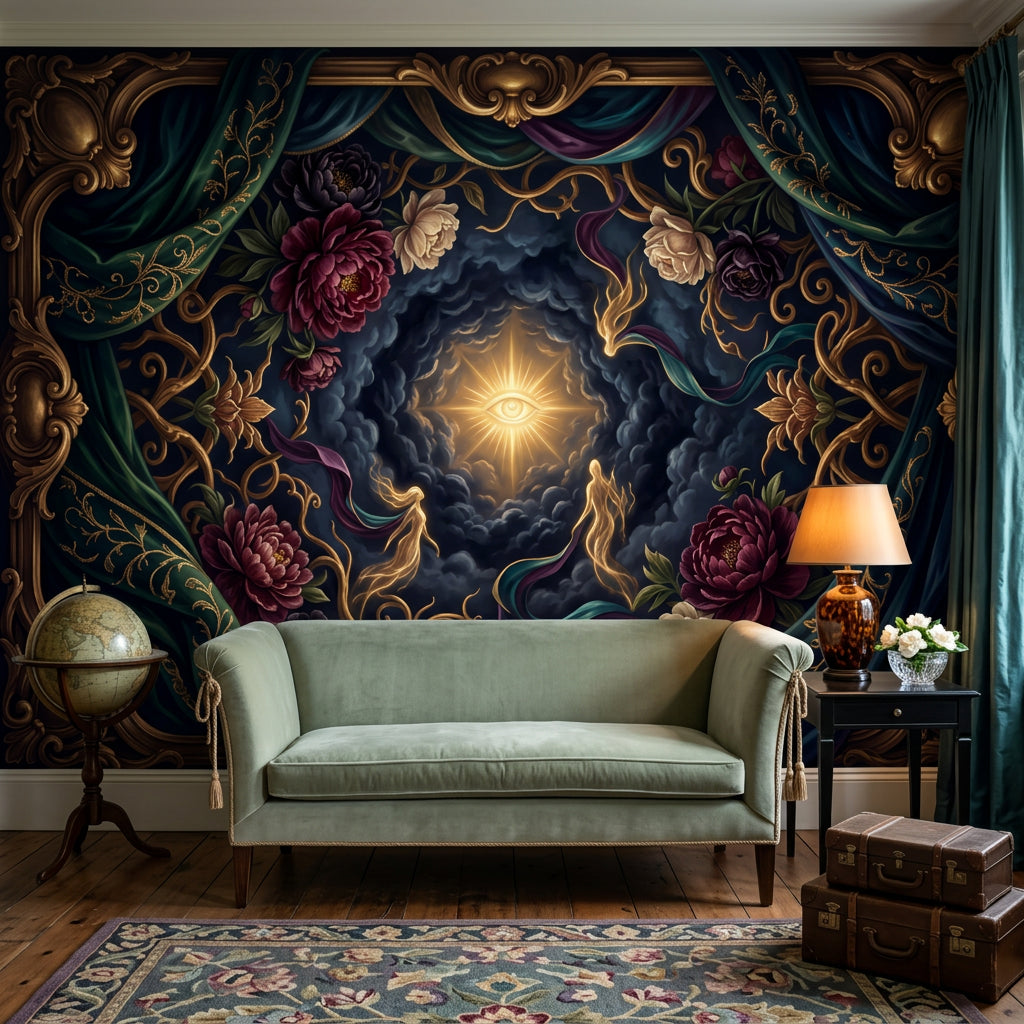 Mystical Eye Wallpaper Baroque Frame Floral Peonies Removable Wall Decor