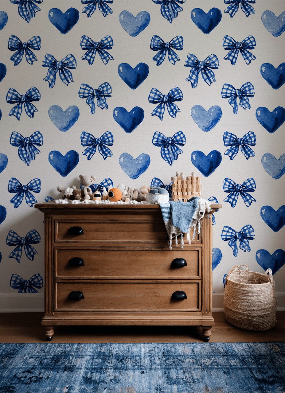 Watercolor Wallpaper Blue Bows Gingham Ribbon Removable Wall Decor