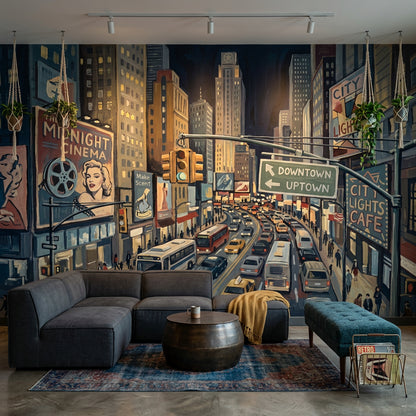 Dark Cityscape Wallpaper Night Street Downtown Traffic Removable Wall Decor