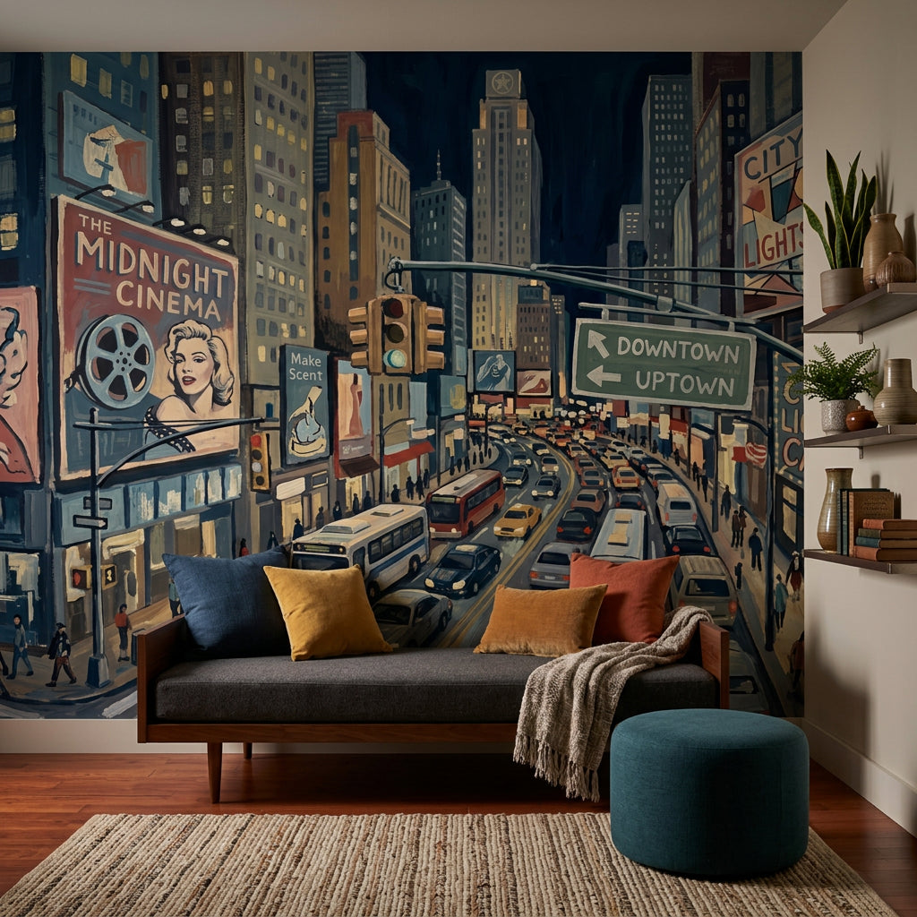 Dark Cityscape Wallpaper Night Street Downtown Traffic Removable Wall Decor