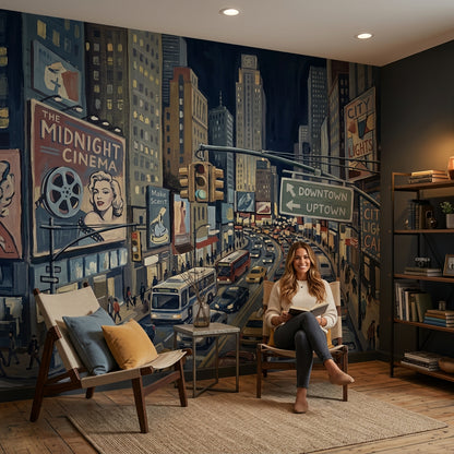 Dark Cityscape Wallpaper Night Street Downtown Traffic Removable Wall Decor