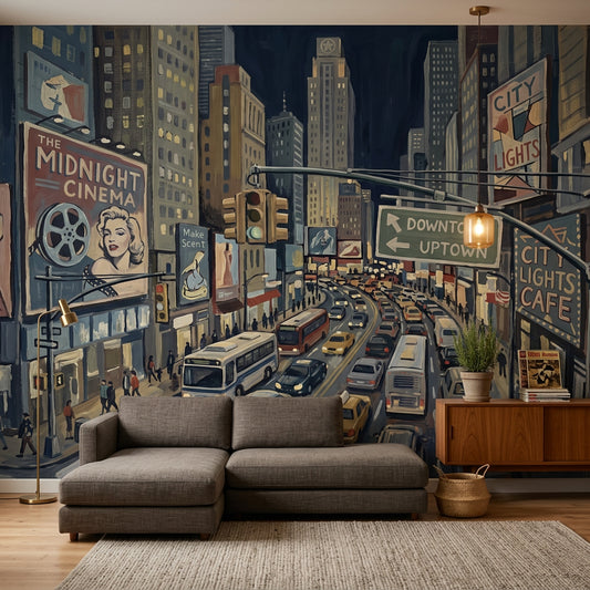 Dark Cityscape Wallpaper Night Street Downtown Traffic Removable Wall Decor