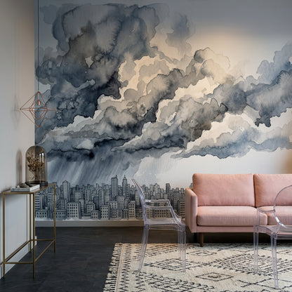City Skyline Wallpaper Watercolor Storm Clouds Wall Mural