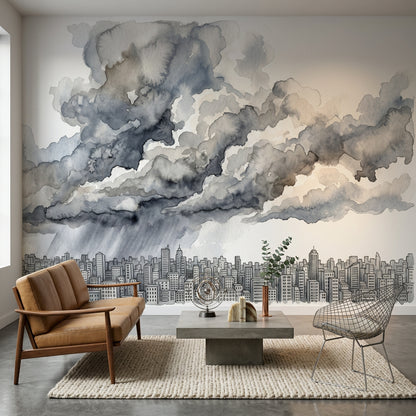 City Skyline Wallpaper Watercolor Storm Clouds Wall Mural