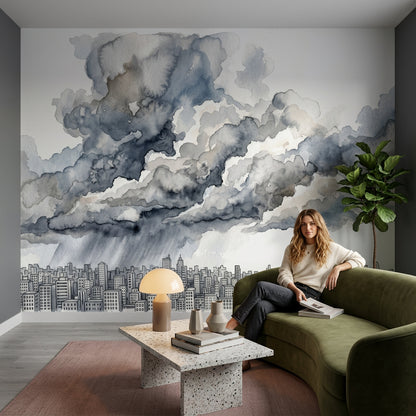 City Skyline Wallpaper Watercolor Storm Clouds Wall Mural