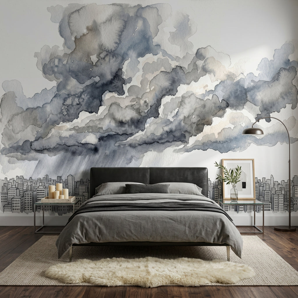 City Skyline Wallpaper Watercolor Storm Clouds Wall Mural