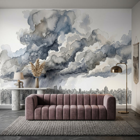 City Skyline Wallpaper Watercolor Storm Clouds Wall Mural