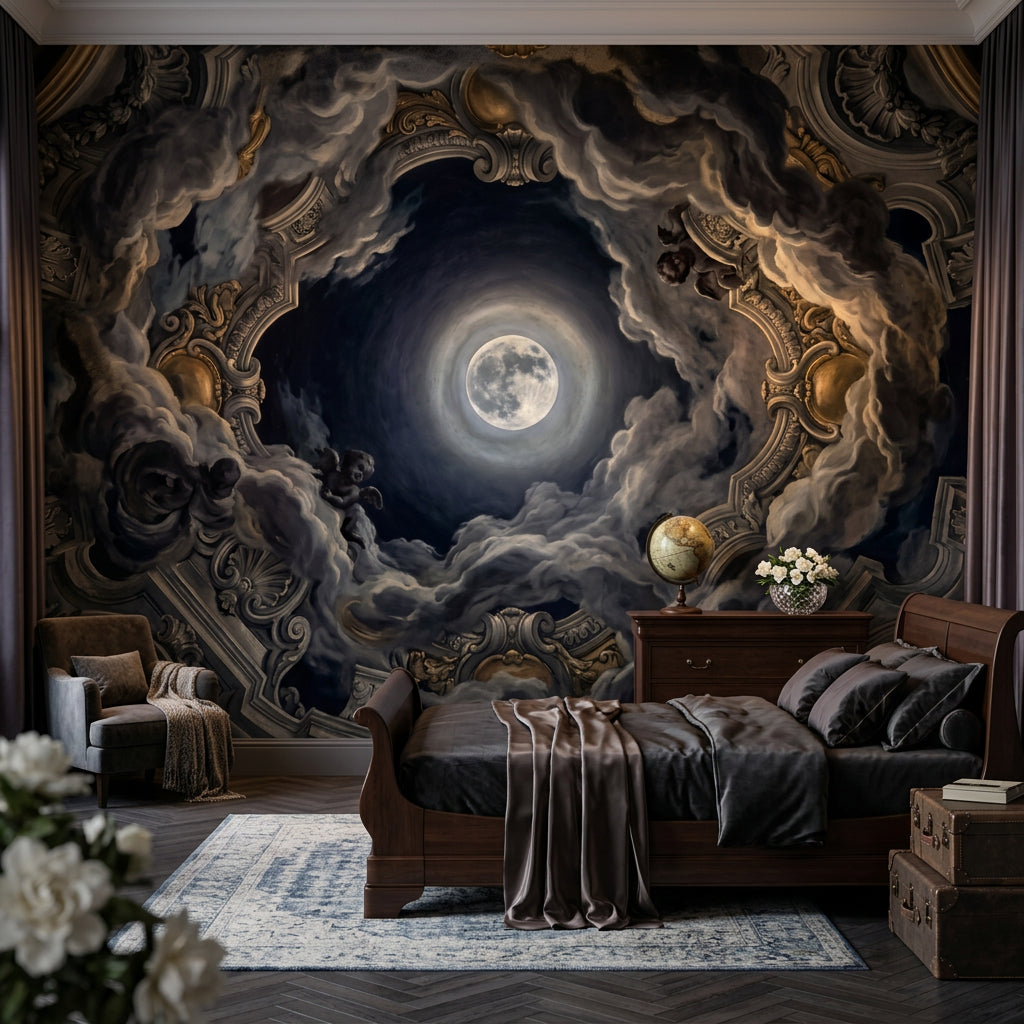 Full Moon Wallpaper Storm Clouds Baroque Ceiling Removable Wall Decor