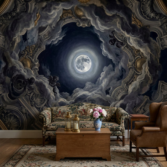Full Moon Wallpaper Storm Clouds Baroque Ceiling Removable Wall Decor