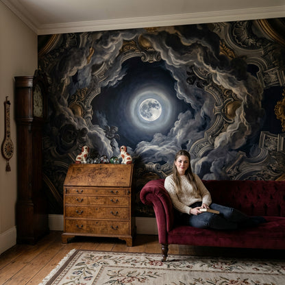 Full Moon Wallpaper Storm Clouds Baroque Ceiling Removable Wall Decor
