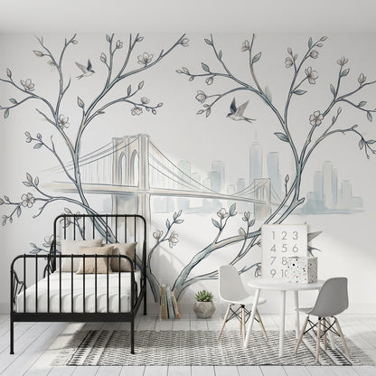 Muted Green Wallpaper Watercolor City Skyline Removable Wall Decor