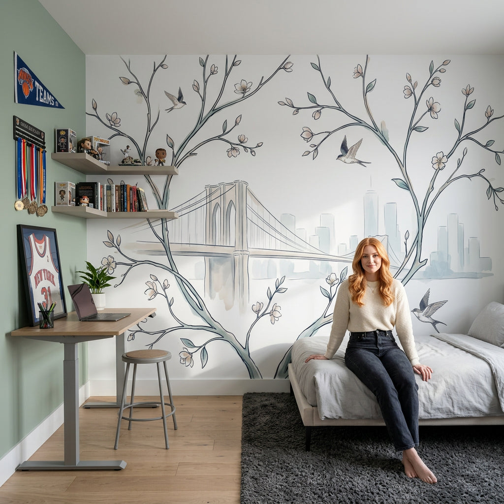 Muted Green Wallpaper Watercolor City Skyline Removable Wall Decor