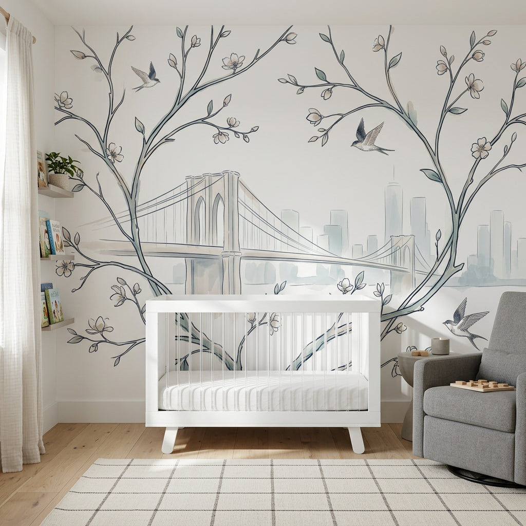 Muted Green Wallpaper Watercolor City Skyline Removable Wall Decor