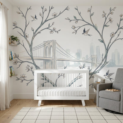 Muted Green Wallpaper Watercolor City Skyline Removable Wall Decor