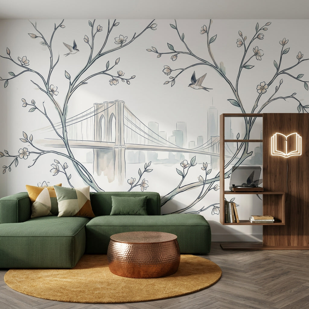 Muted Green Wallpaper Watercolor City Skyline Removable Wall Decor