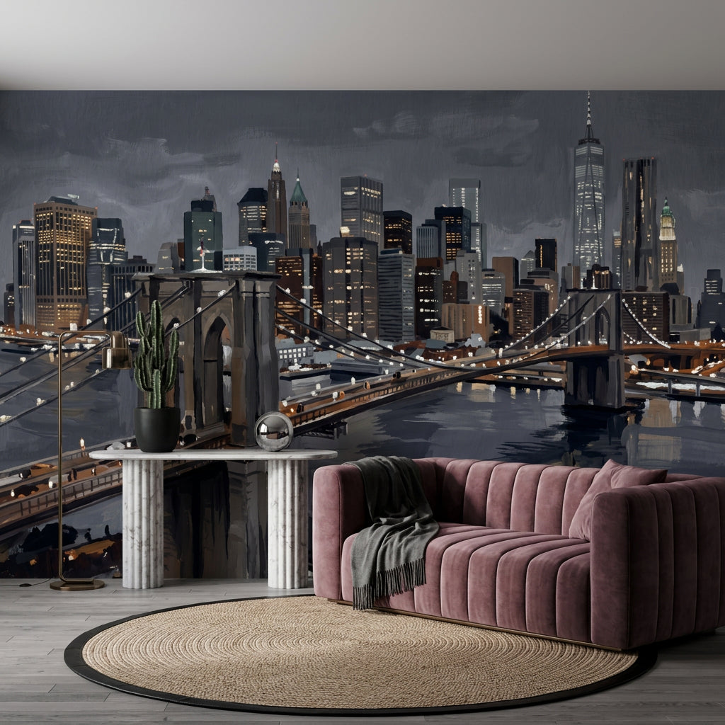 Suspension Bridge Wallpaper City Skyline River Reflections Wall Mural
