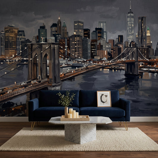 Suspension Bridge Wallpaper City Skyline River Reflections Wall Mural
