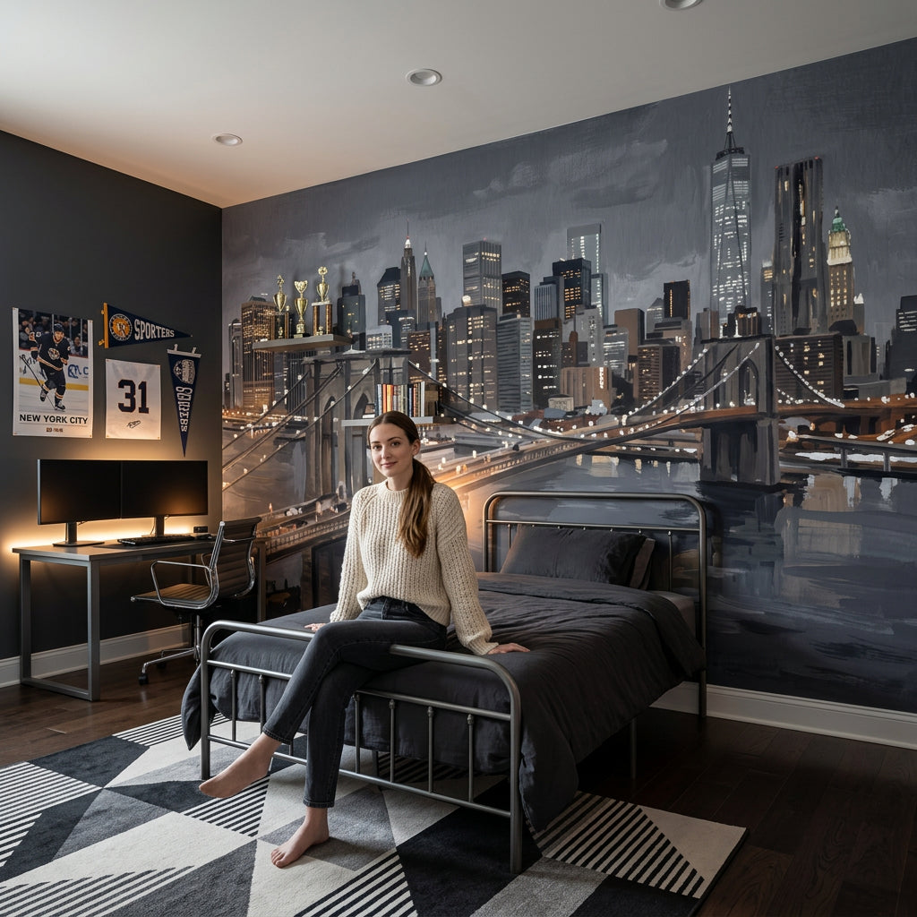 Suspension Bridge Wallpaper City Skyline River Reflections Wall Mural