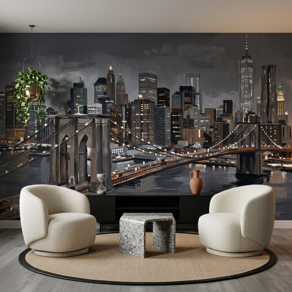 Suspension Bridge Wallpaper City Skyline River Reflections Wall Mural