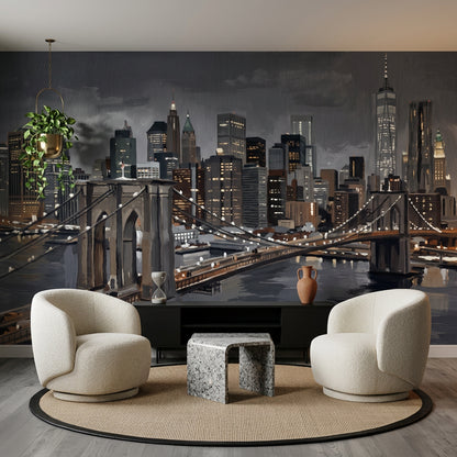 Suspension Bridge Wallpaper City Skyline River Reflections Wall Mural