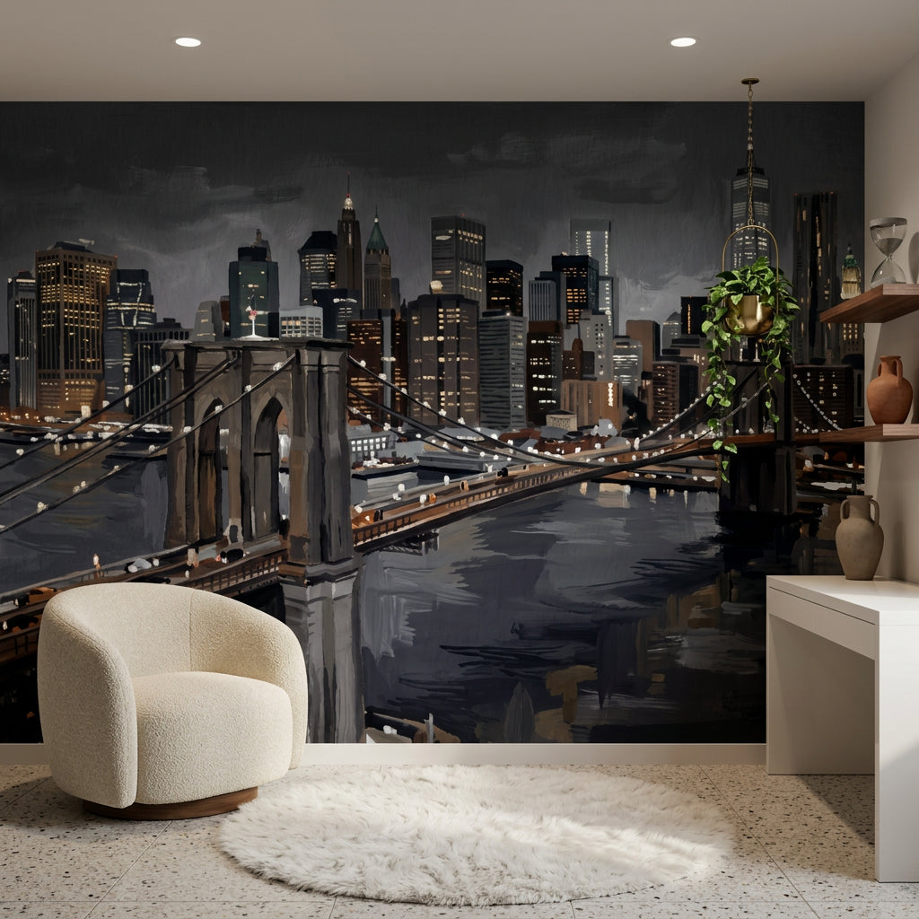 Suspension Bridge Wallpaper City Skyline River Reflections Wall Mural