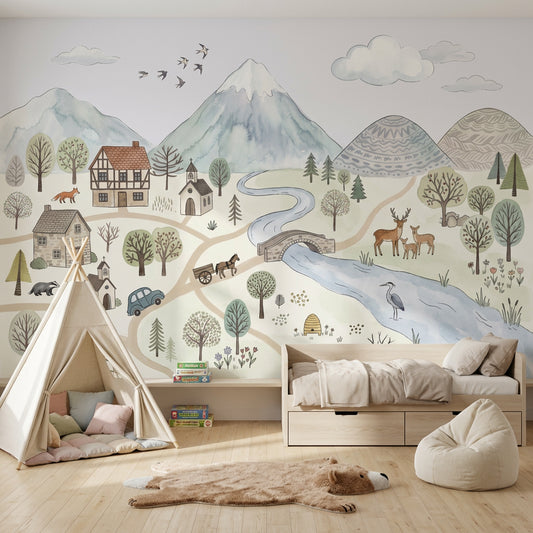 Pastel Landscape Wallpaper Watercolor Countryside Storybook Illustration Removable Wall Decor