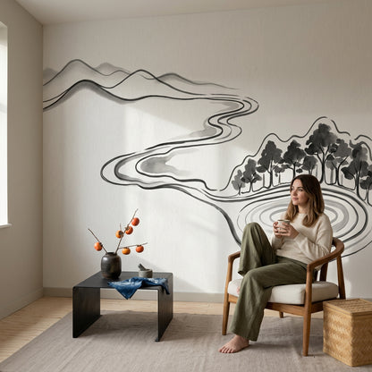 Minimalist Landscape Wallpaper Ink Wash Removable Monochrome Wall Decor