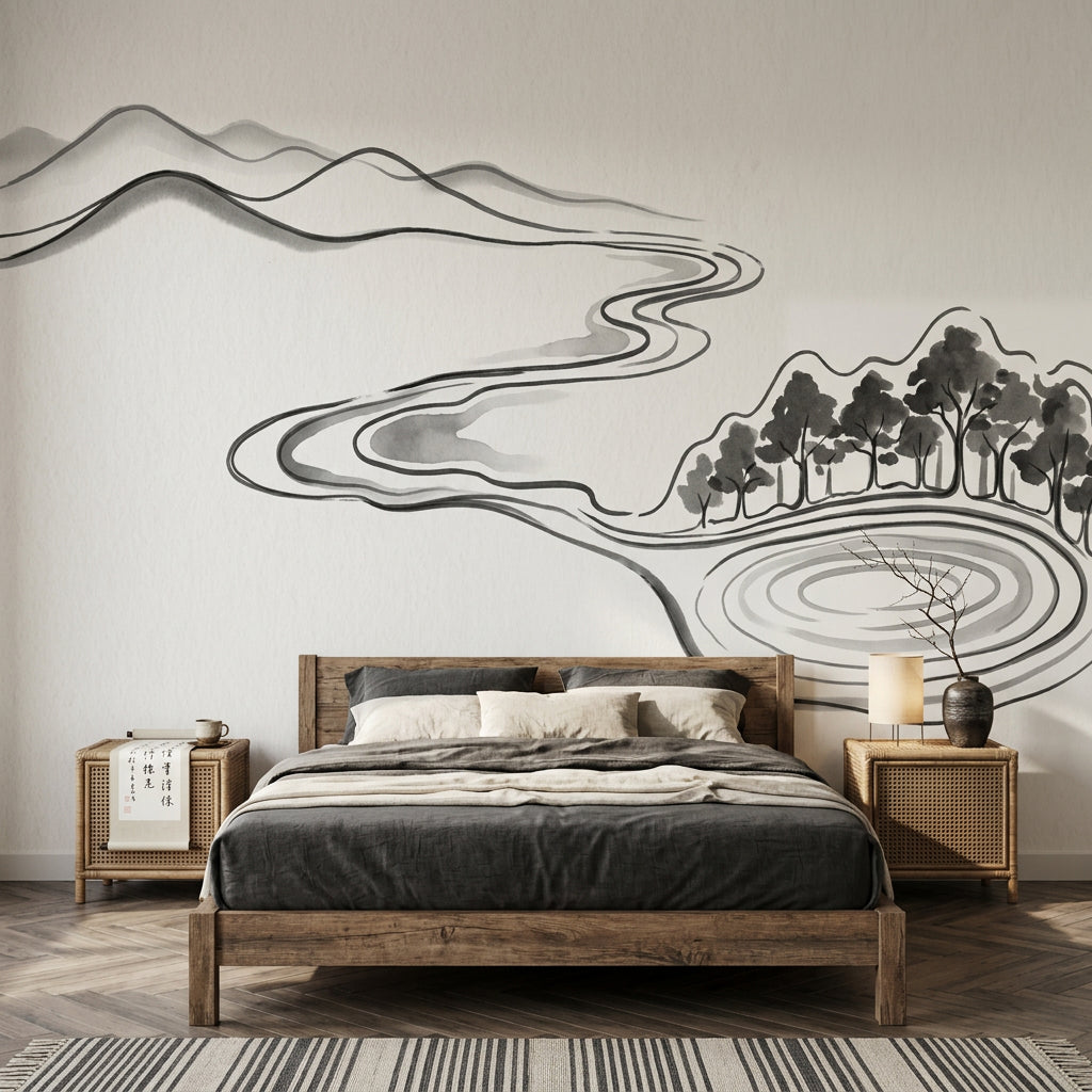 Minimalist Landscape Wallpaper Ink Wash Removable Monochrome Wall Decor